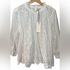 Jennifer & Grace Eyelet Ruffle-Neck Blouse - White 1X Cottagecore Spring Summer